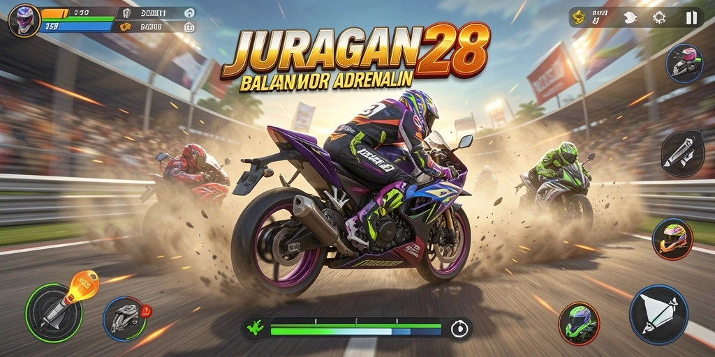 Tampilan gameplay JURAGAN28 saat balapan motor seru.