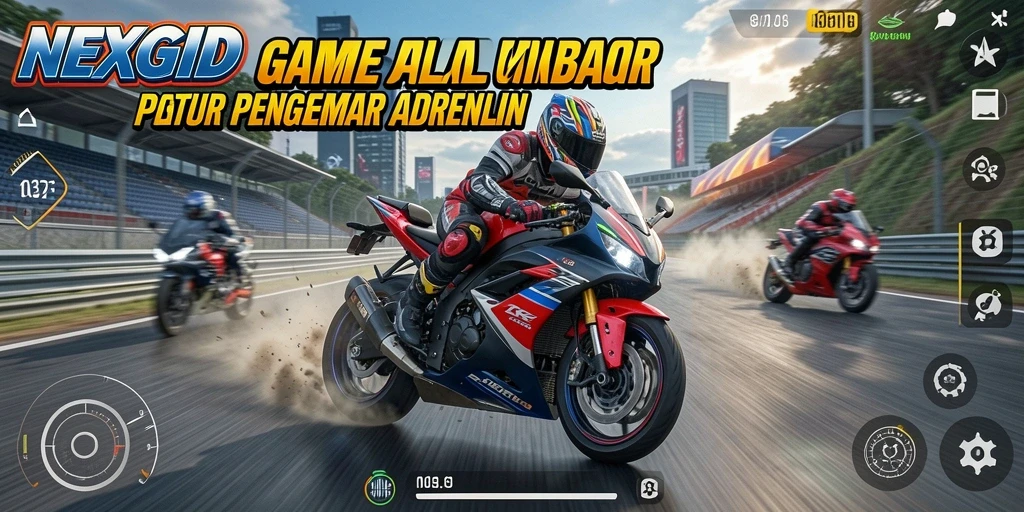 Screenshot gameplay NEXGID menampilkan aksi balap motor yang mendebarkan.