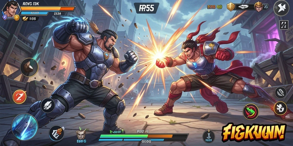 Screenshot gameplay RP55 yang menunjukkan pertarungan seru dan teknik karakter.