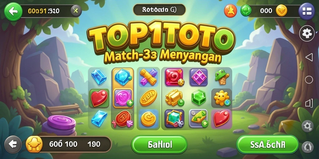 Screenshot gameplay TOP1TOTO dengan tampilan level Match-3 yang colorful.
